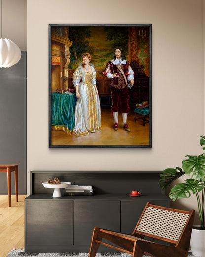 Framed oil painting portrait of man and woman in 17th-century attire by Valeriy Bulat