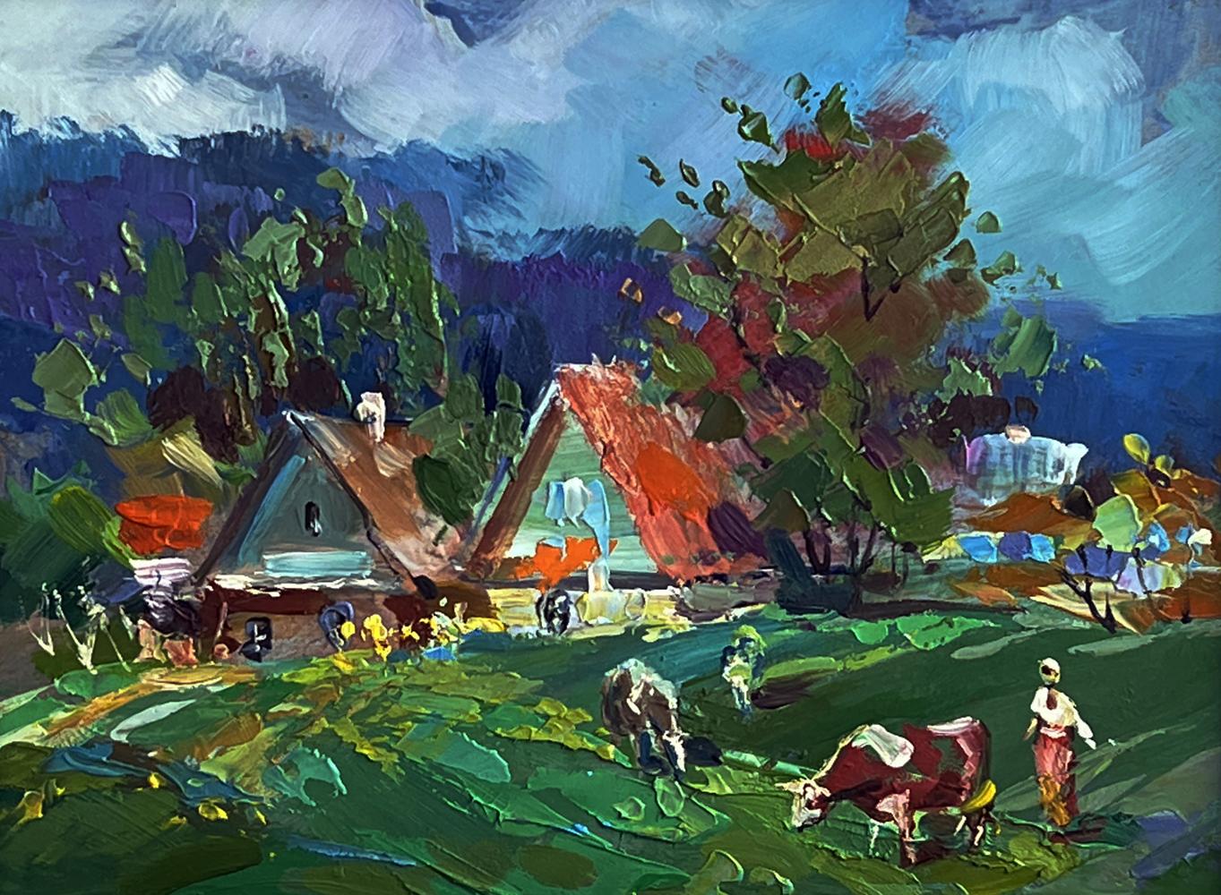 Vibrant impressionist oil painting by Yuriy Suprunchuk: cows grazing in village