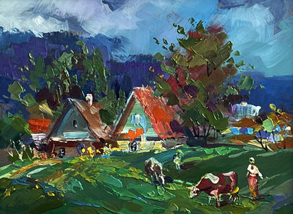 Vibrant impressionist oil painting by Yuriy Suprunchuk: cows grazing in village