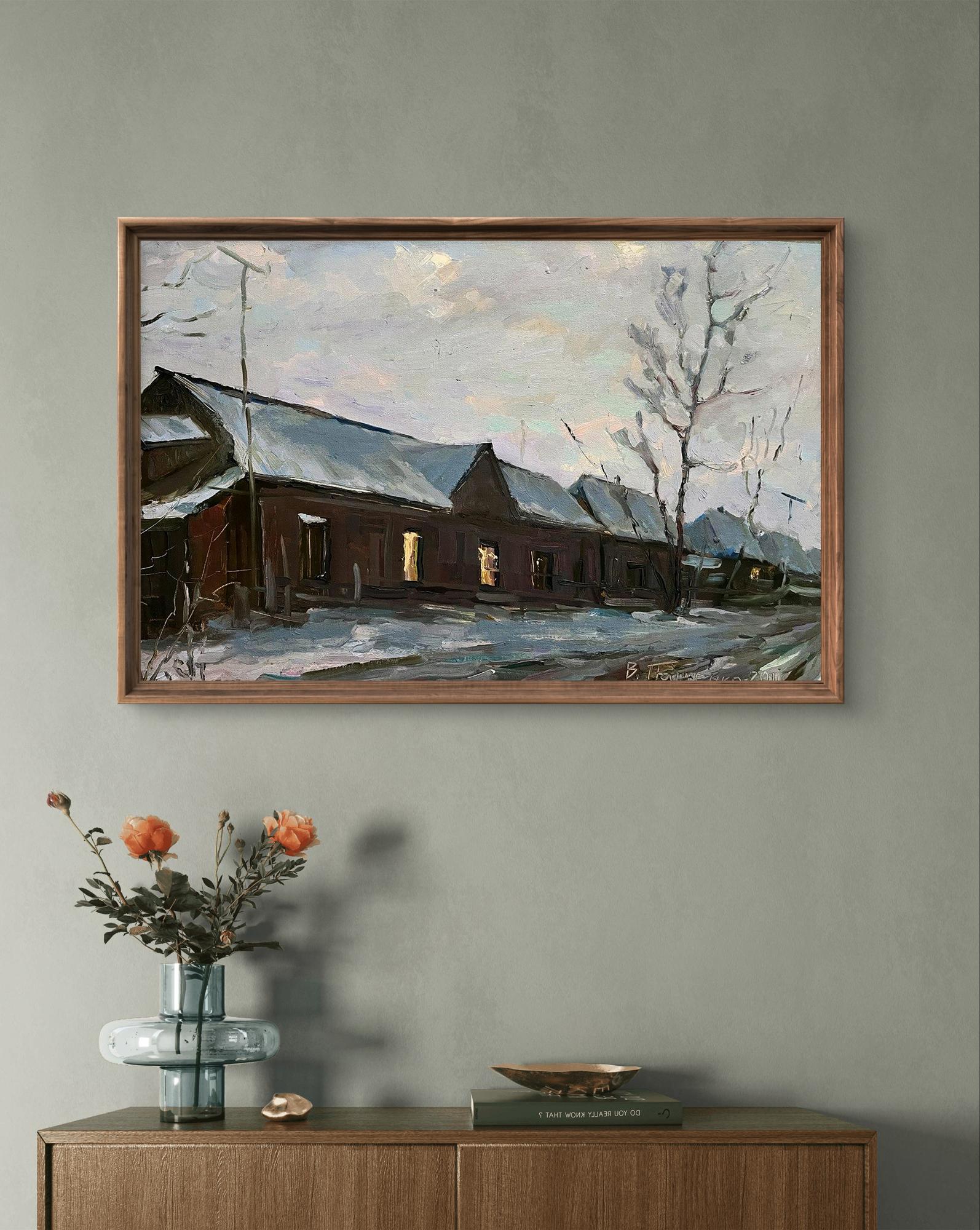 Oil painting Snowy street by Volodymyr Pashchenko in wood frame