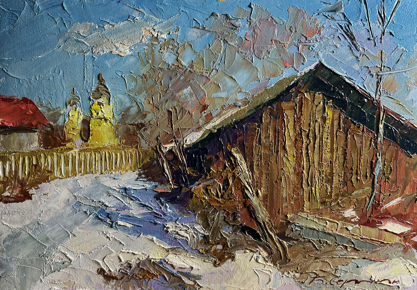 Oil painting It snowed in the city by Boris Serdyuk: rustic snowy shed