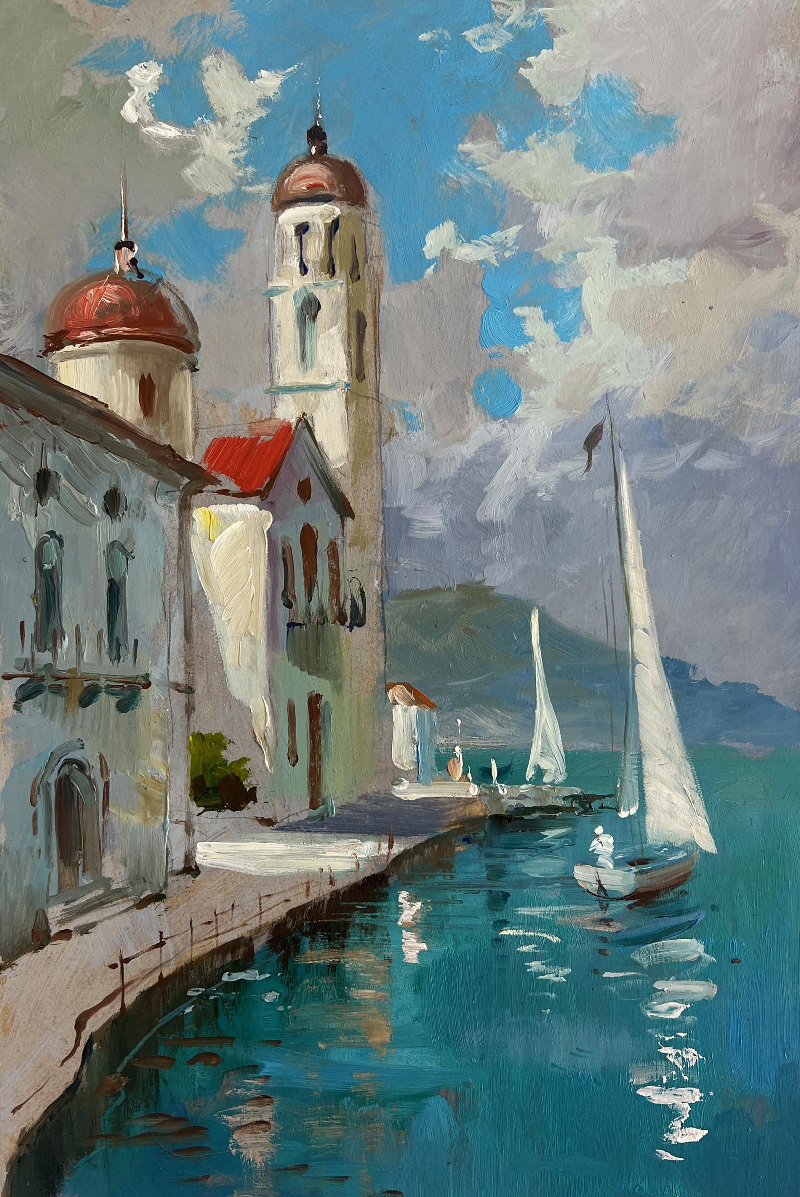 Vibrant impressionist oil painting by Yuriy Suprunchuk of city on water with white sails