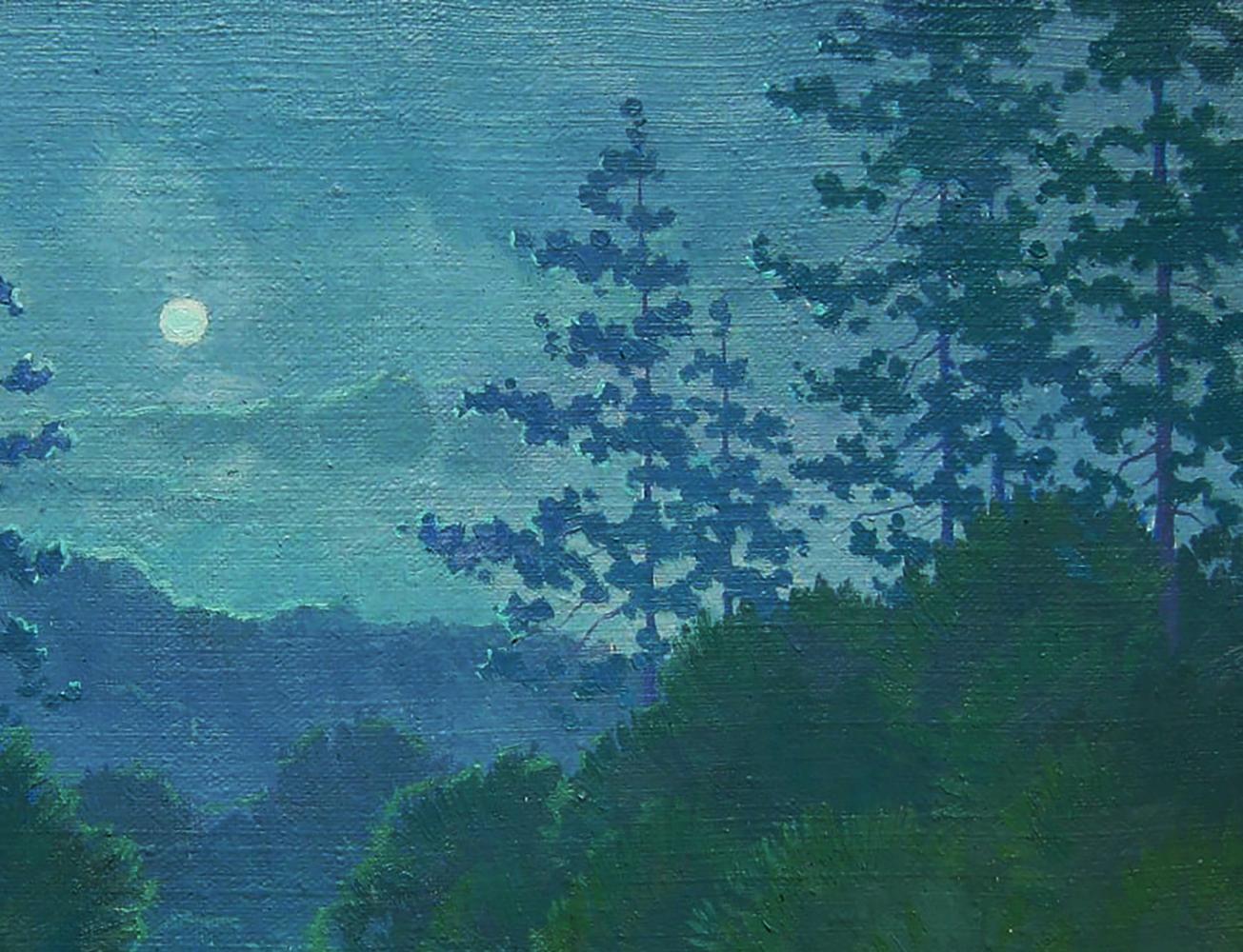 Oil painting Moonlit Night by Valery Savenets serene nocturnal pines moon