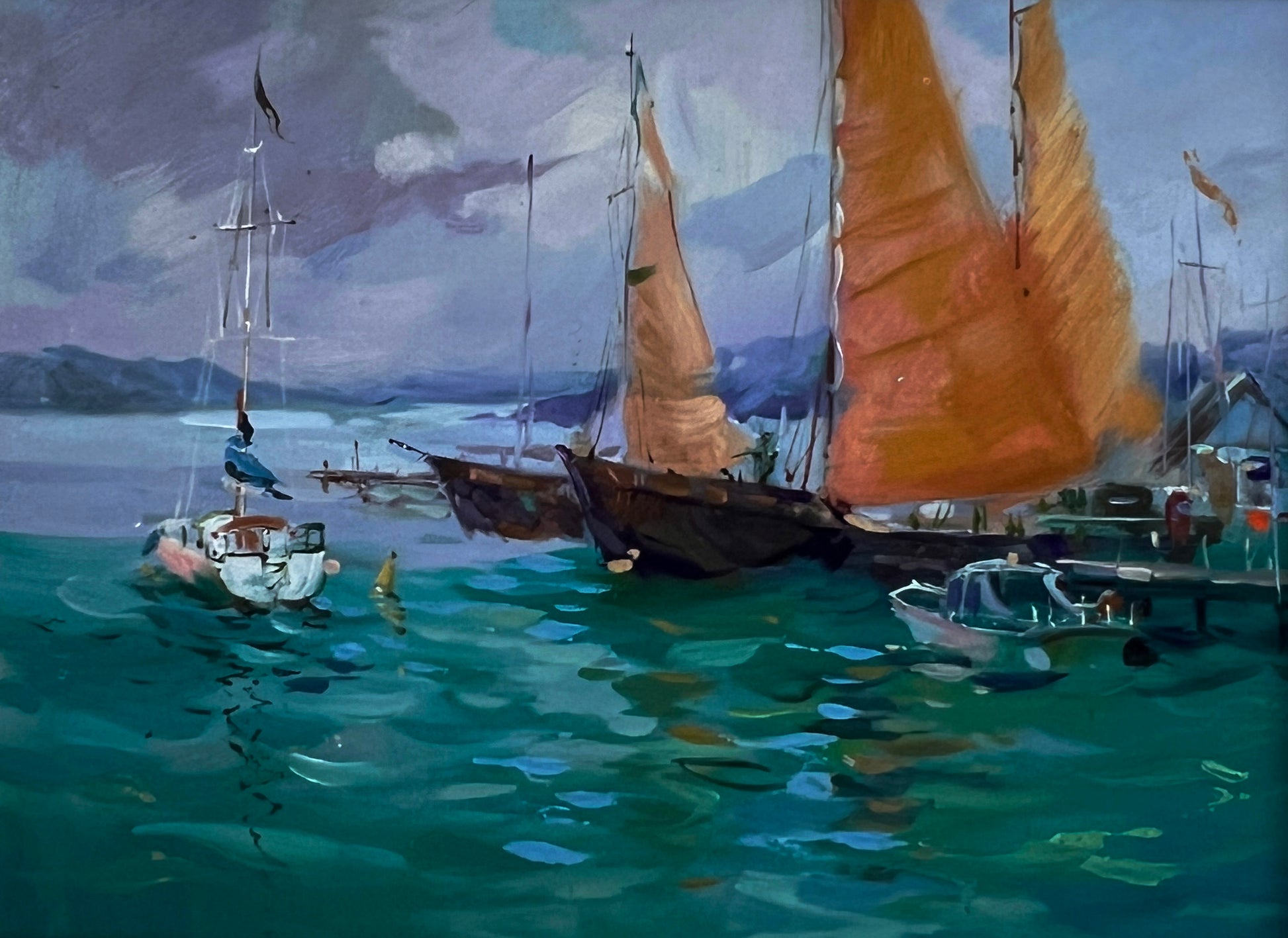 Oil painting of orange-sailed sea ship at pier by Yuriy Suprunchuk
