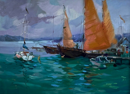 Oil painting of orange-sailed sea ship at pier by Yuriy Suprunchuk