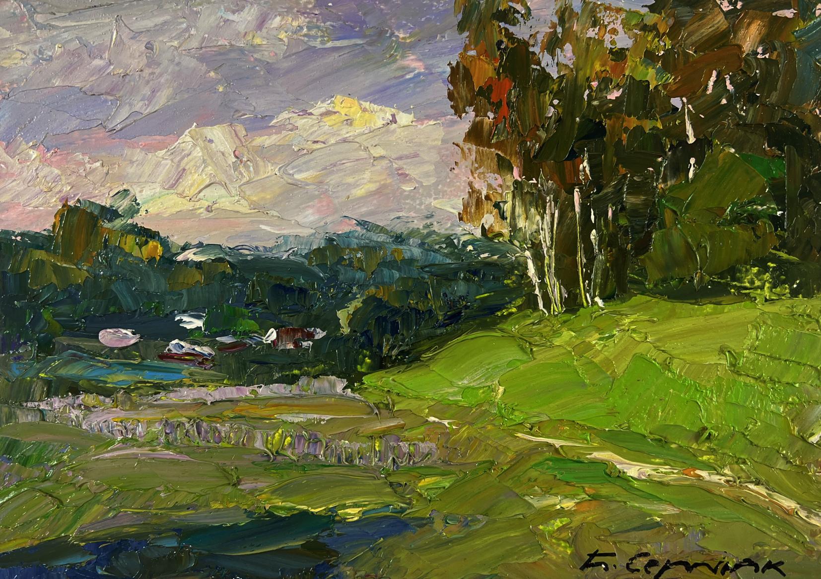 Impressionistic oil painting of Boris Serdyuk birch grove in morning sun