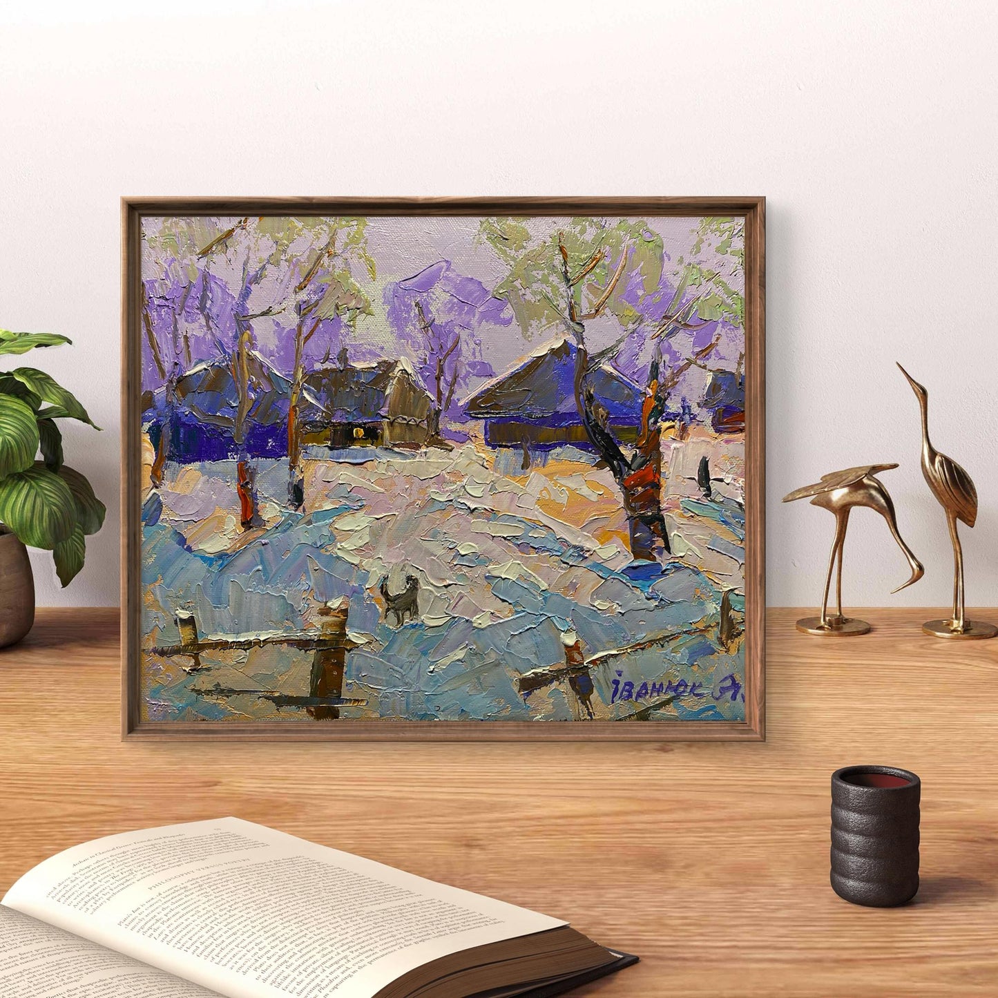 Framed oil painting The village was covered in snow by Oleksiy Ivanyuk, snowy village scene
