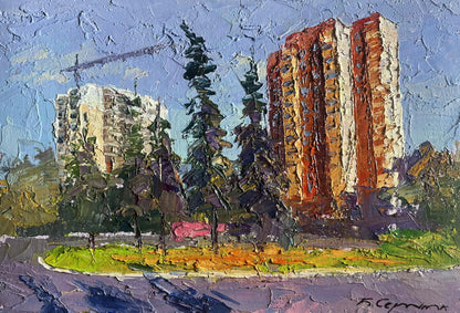 Impressionistic oil painting by Boris Serdyuk of summer city high-rises