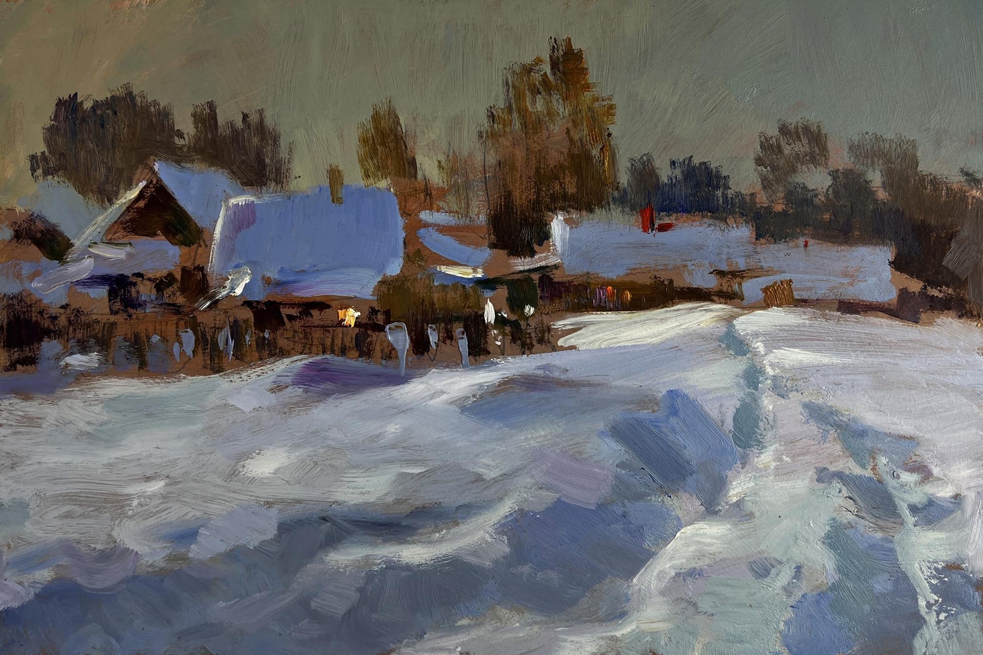 Large oil painting of snow-covered village houses by Yuriy Suprunchuk