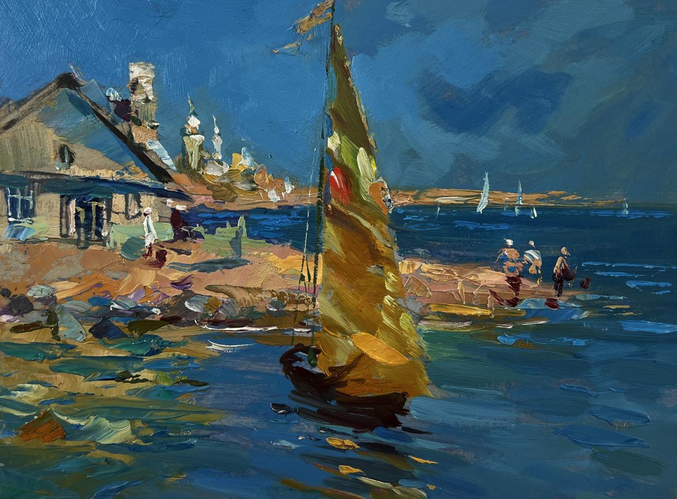 Oil painting of yellow sailboat and house on seashore by Yuriy Suprunchuk