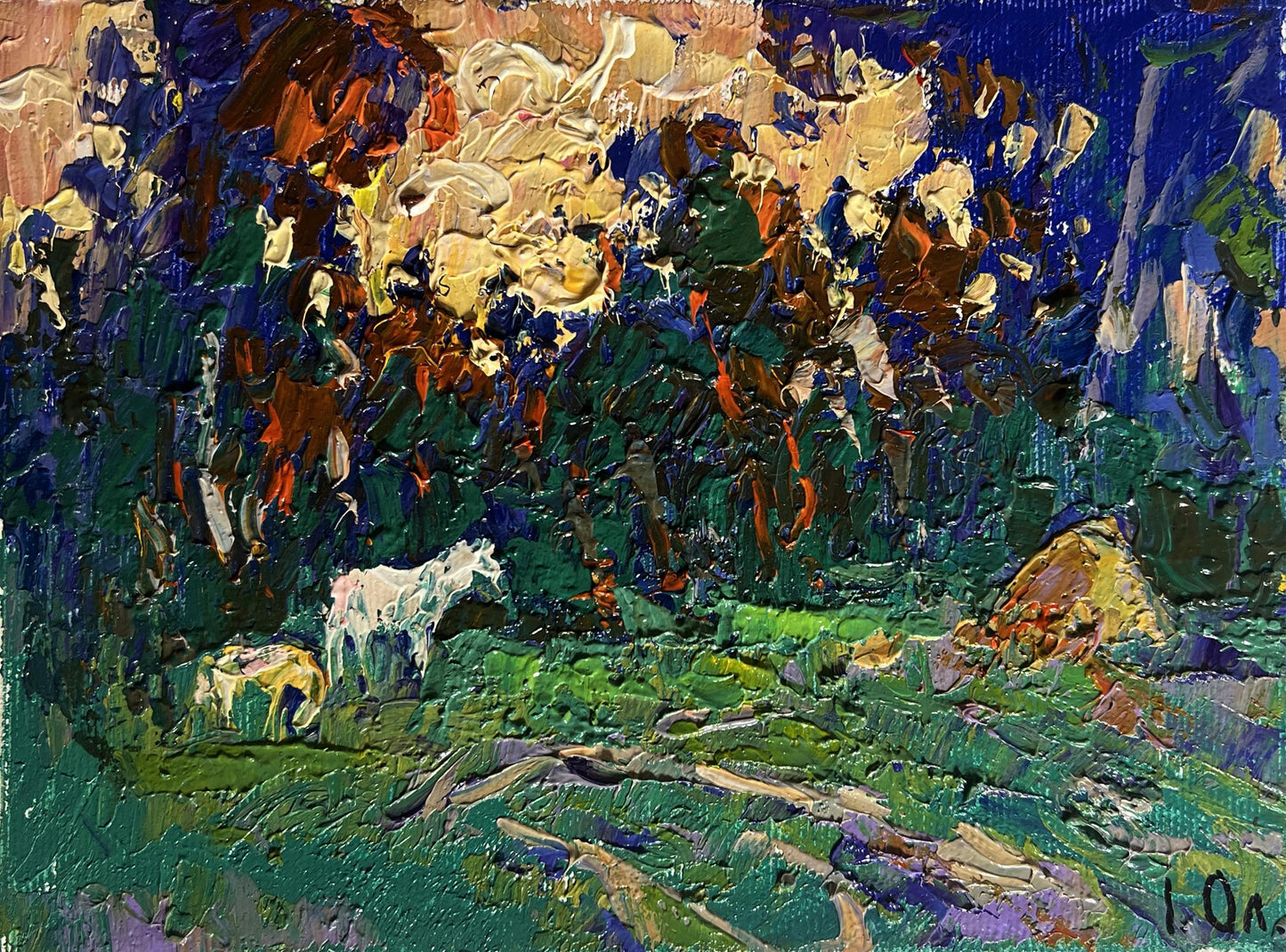 Vibrant impressionist oil painting of white horses grazing by Oleksiy Ivanyuk
