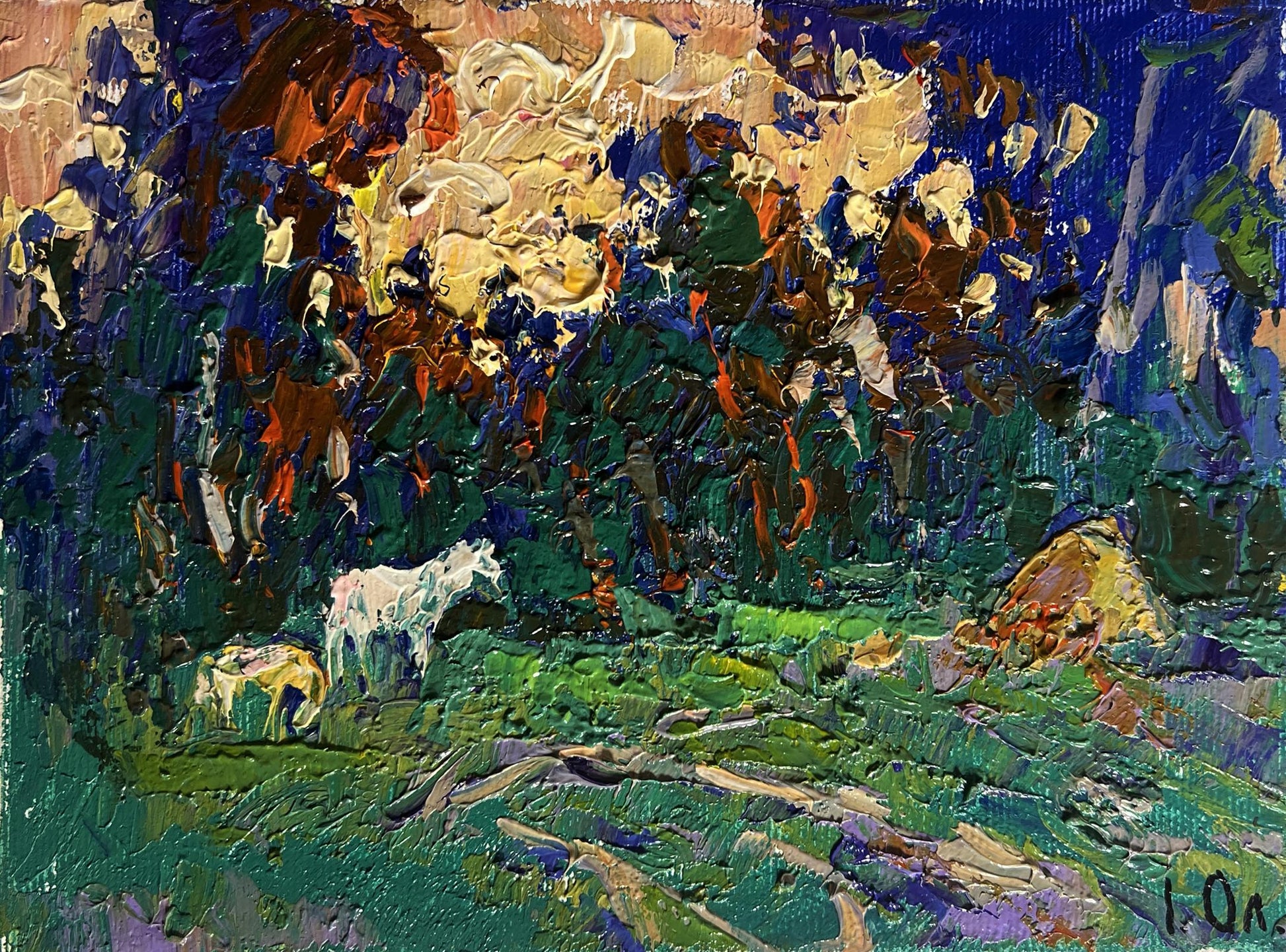 Vibrant impressionist oil painting of white horses grazing by Oleksiy Ivanyuk