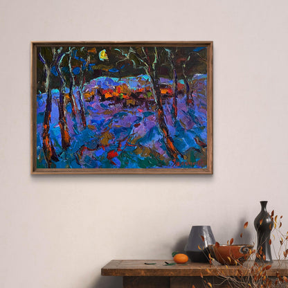 Oil painting Moonlit night in the field by Oleksiy Ivanyuk in wooden frame