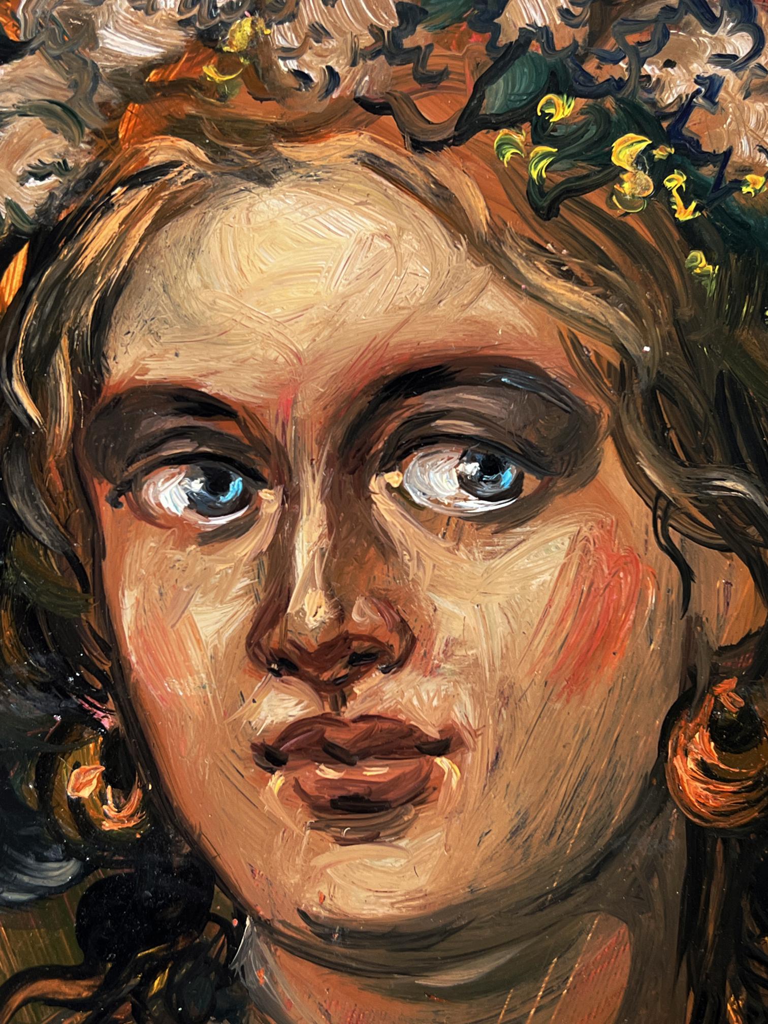 Vibrant oil painting of woman with blue eyes, curly hair, yellow flowers by Alexander Litvinov