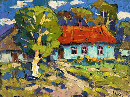 Oil painting Village under summer by Oksana Ivanyuk: blue house, red roof, green trees