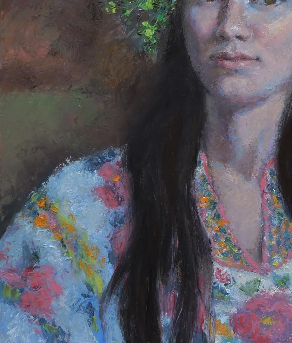 Oil painting portrait of girl in light blue floral blouse by Oksana Osnach