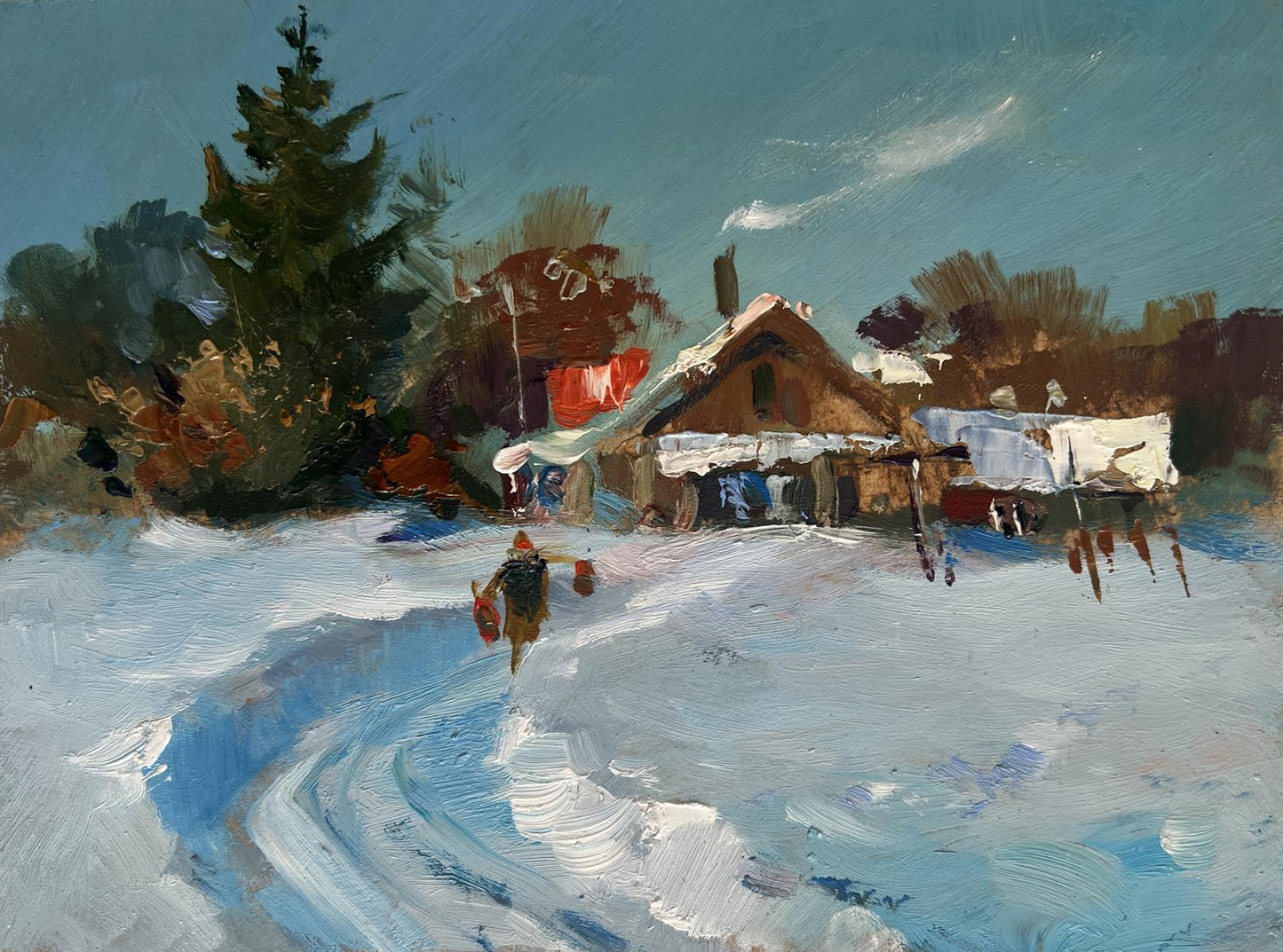 Oil painting by Yuriy Suprunchuk: snowy winter path to rustic house