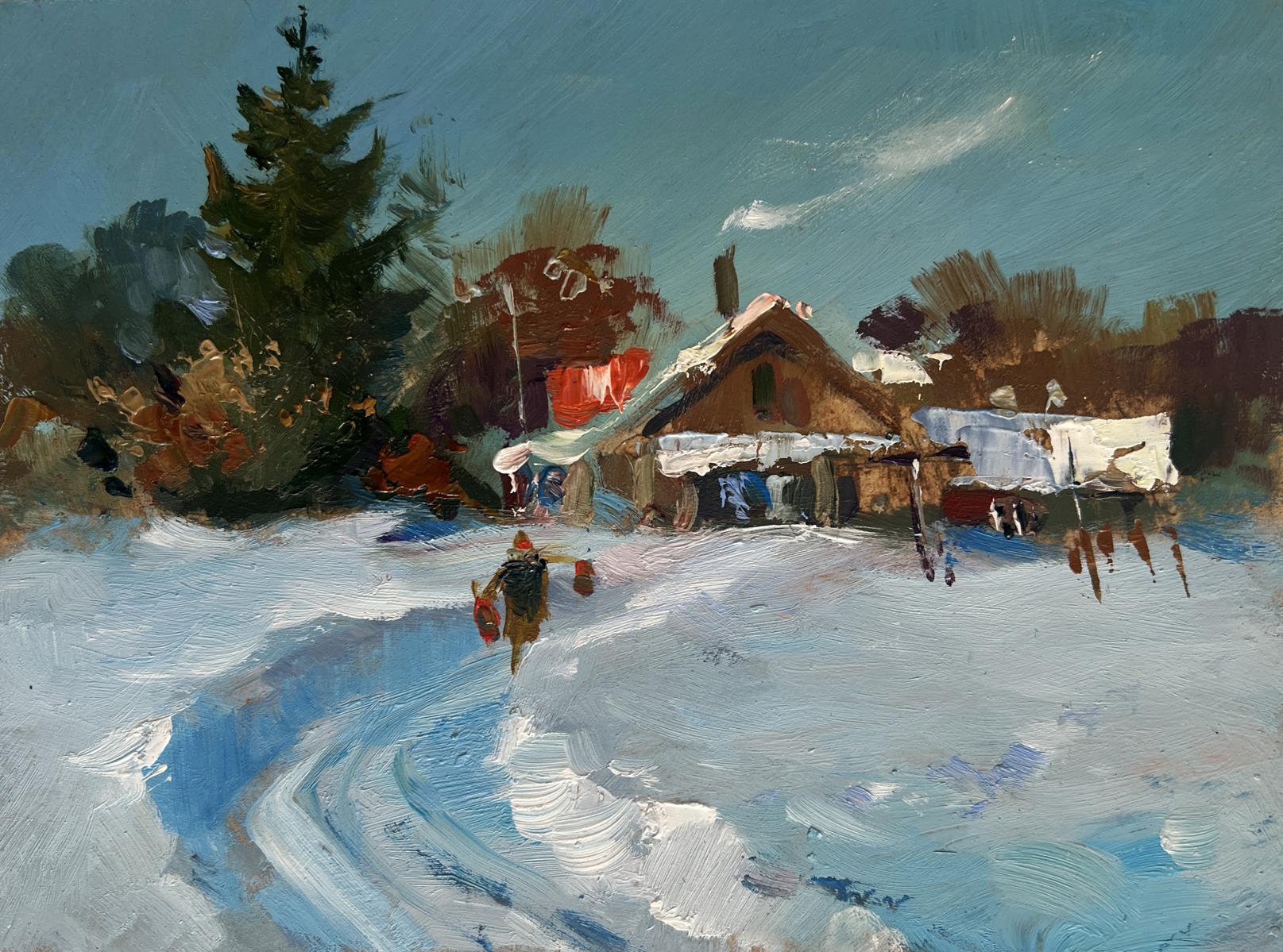 Oil painting by Yuriy Suprunchuk: snowy winter path to rustic house