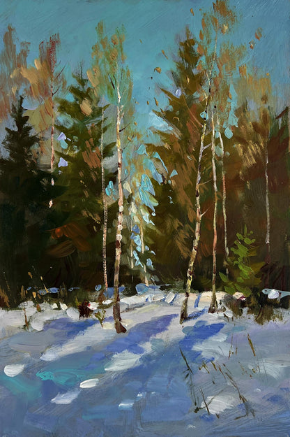 Sunny winter forest oil painting by Yuriy Suprunchuk with birch trees