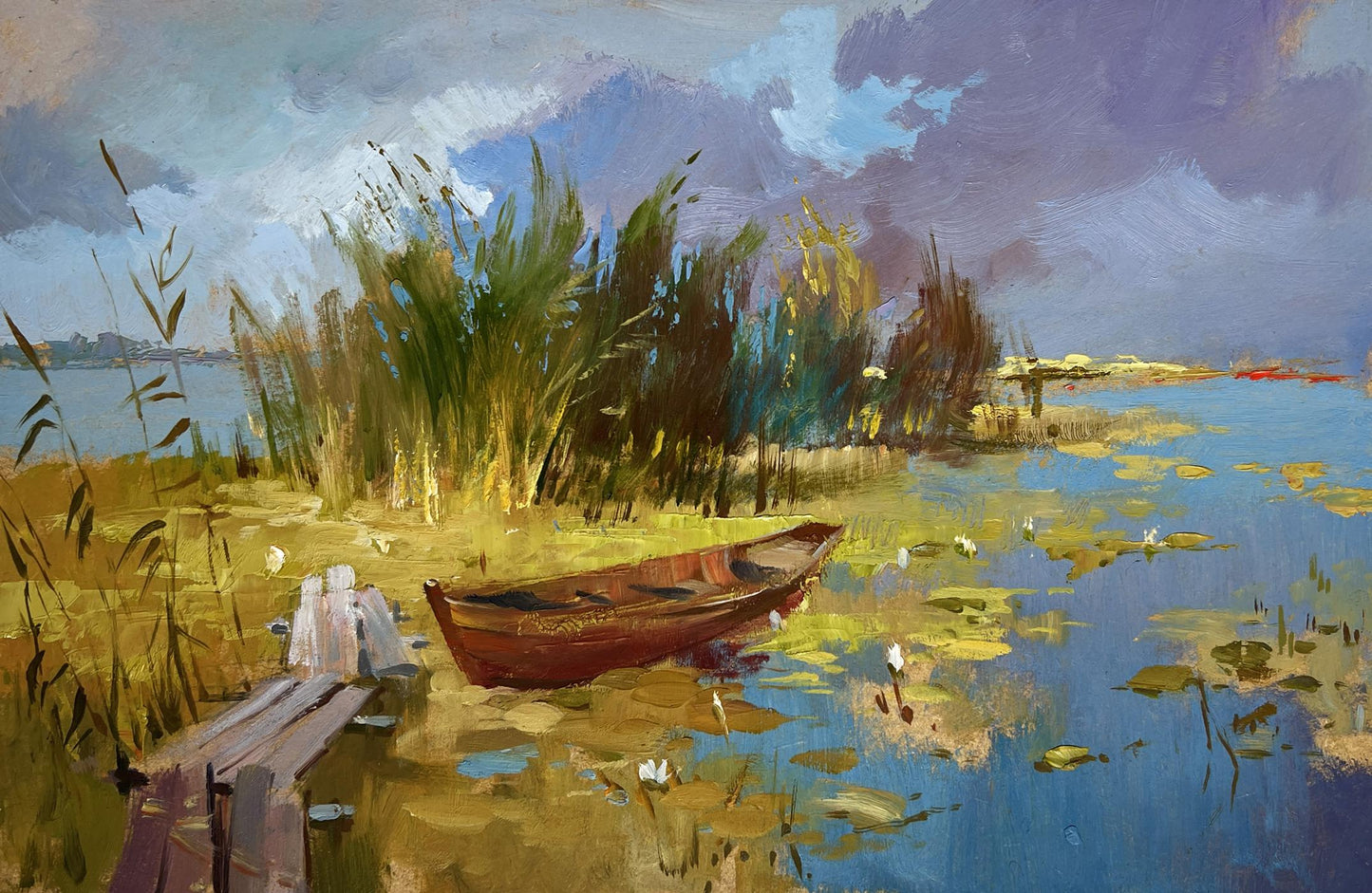 Oil painting of rustic rowboat among reeds by Yuriy Suprunchuk