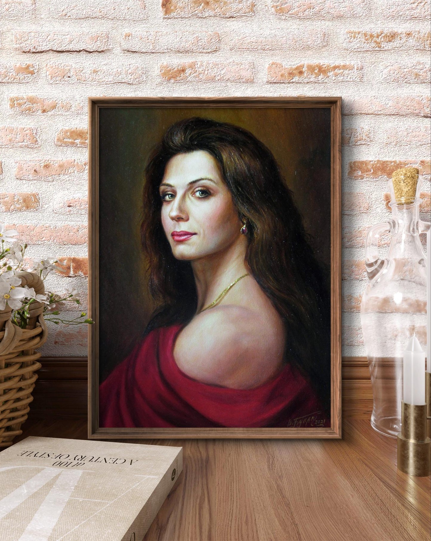 Oil painting Silk fire Valeriy Bulat of woman with long dark hair and red drapery in wooden frame