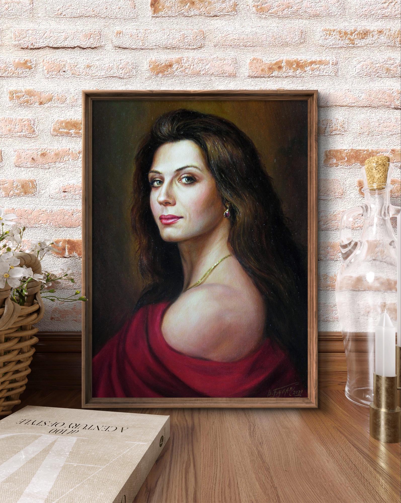 Oil painting Silk fire Valeriy Bulat of woman with long dark hair and red drapery in wooden frame