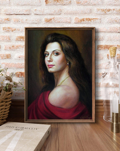 Oil painting Silk fire Valeriy Bulat of woman with long dark hair and red drapery in wooden frame