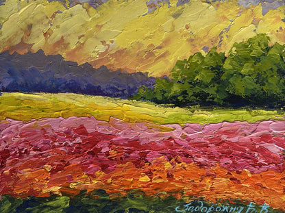 Vibrant impressionist oil painting Sunset among forest and fields by V. Zadorozhnya