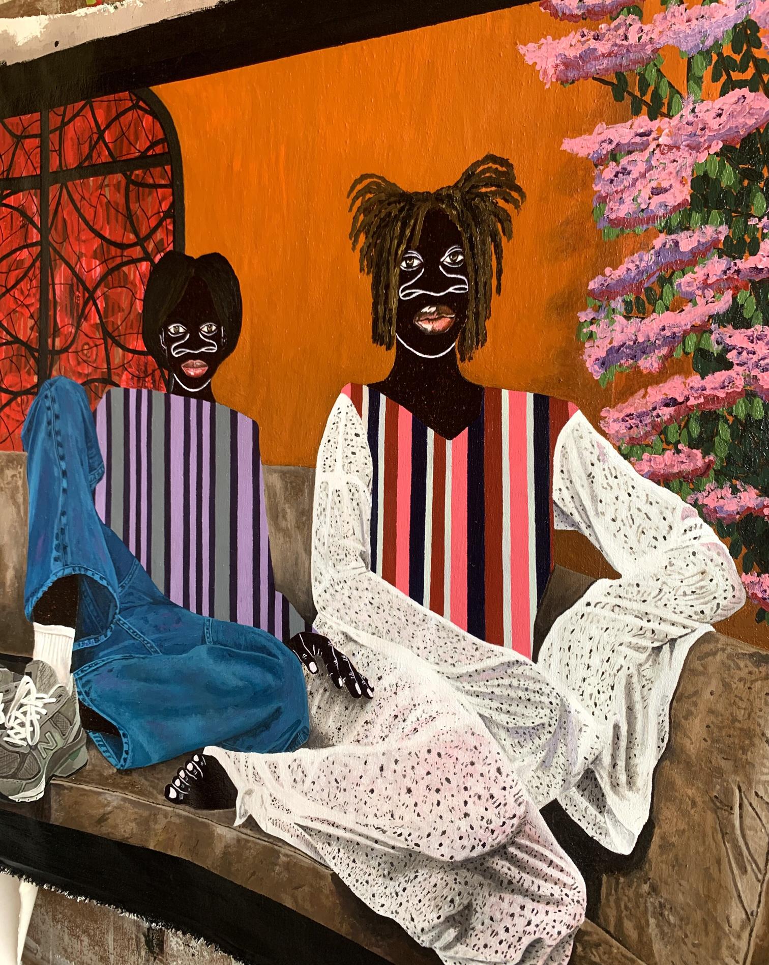 Vibrant Lazy Afternoon acrylic painting by Akintomide Akinshola, two black figures on orange couch