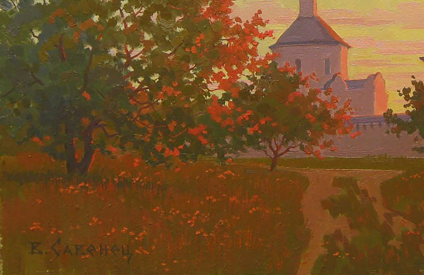 Oil painting of yellow sunset over rustic stone church by Valery Savenets