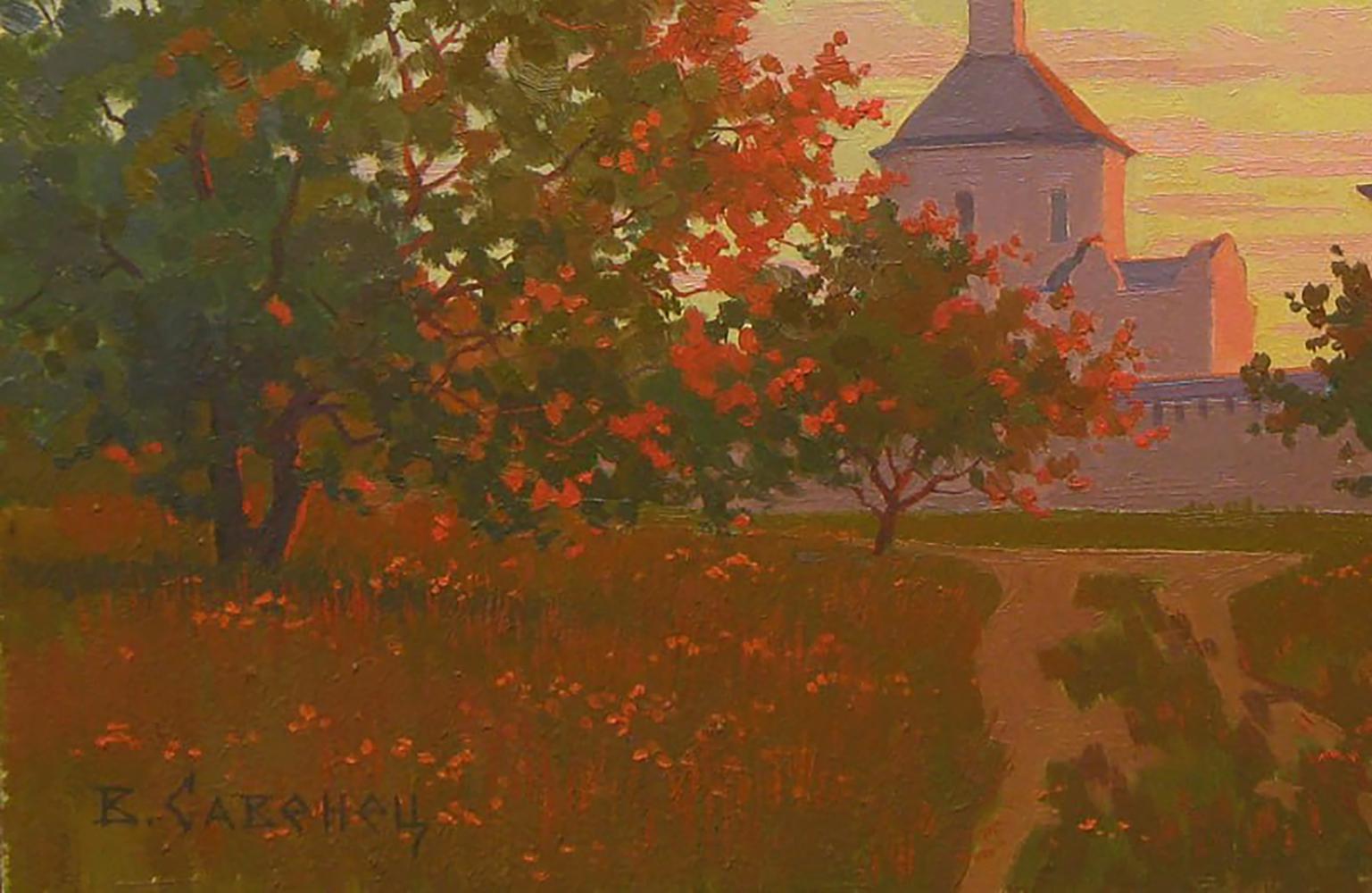 Oil painting of yellow sunset over rustic stone church by Valery Savenets