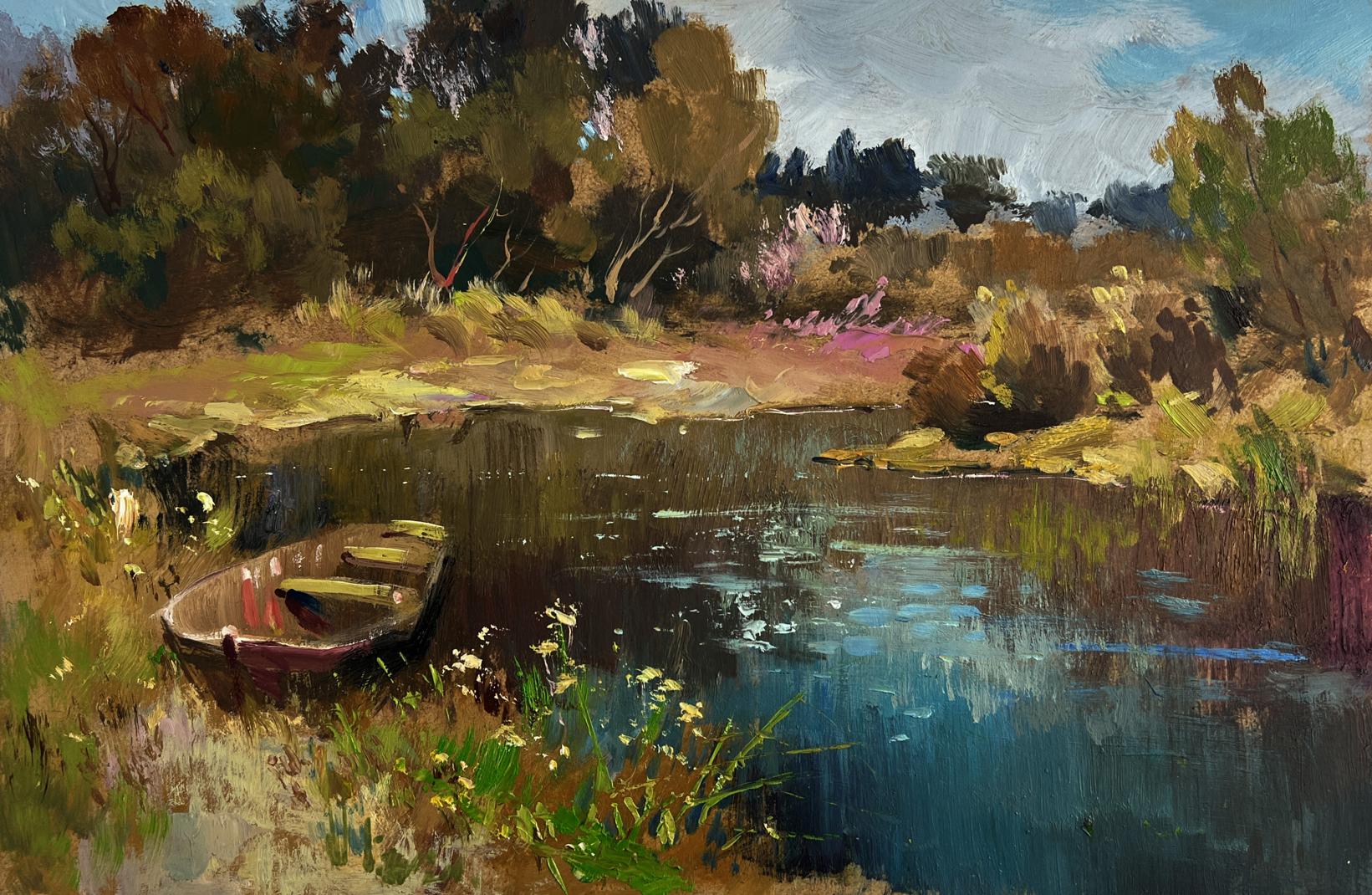 Oil painting by Yuriy Suprunchuk: rustic rowboat on grassy bank by calm water
