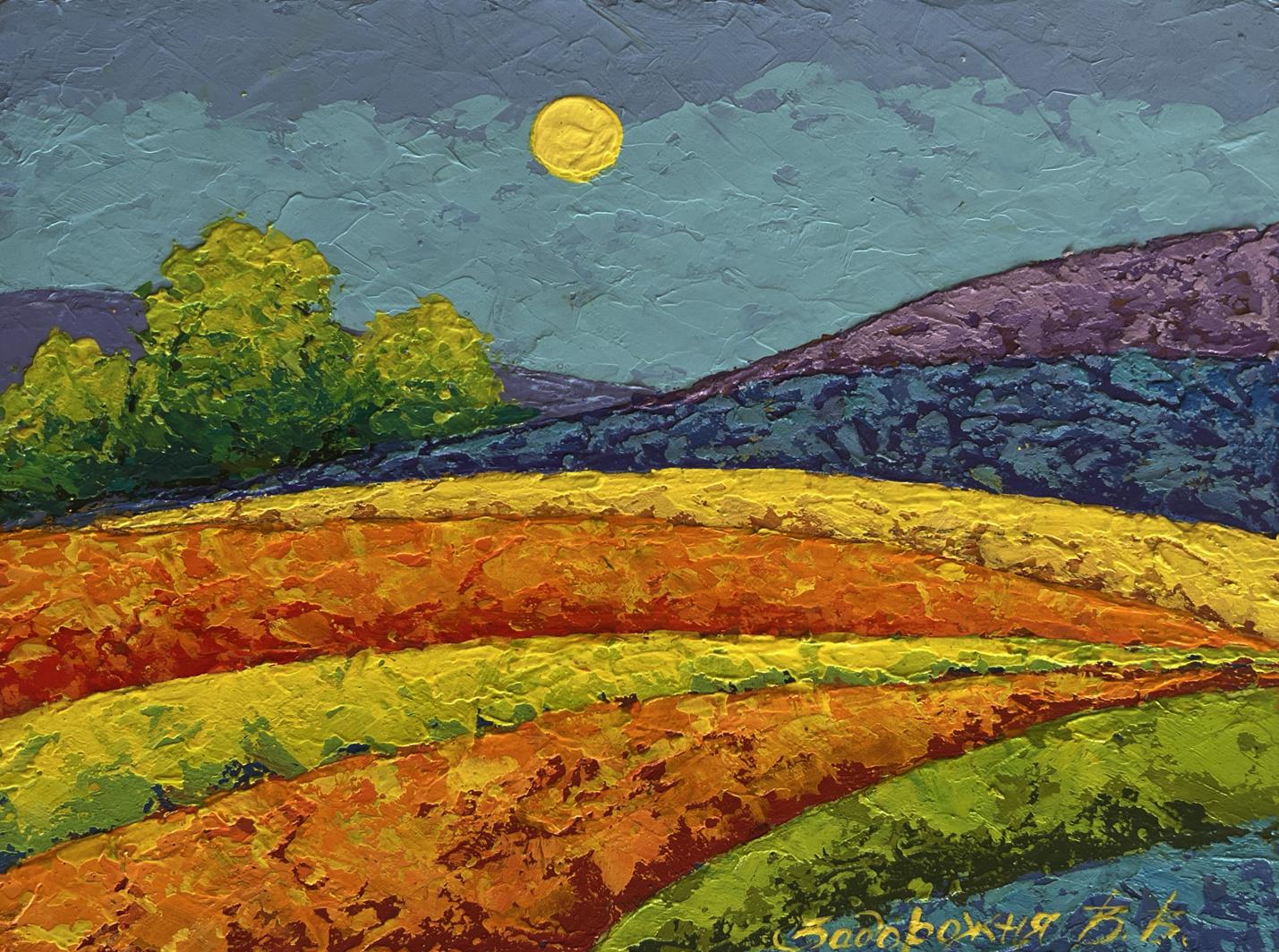 Vibrant oil painting In the field observing beauty by V. Zadorozhnya, rolling hills under yellow sun