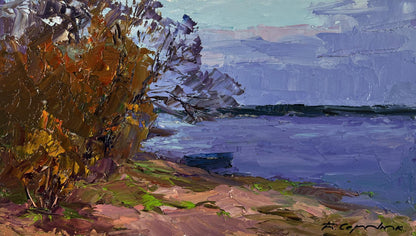 Oil painting Silent Drift by Boris Serdyuk: autumn shoreline scene