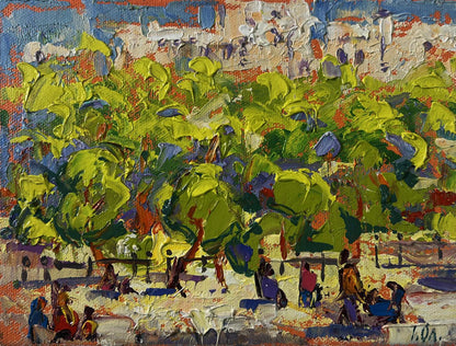 Vibrant impressionistic oil painting Spring city in shade of trees by Oleksiy Ivanyuk