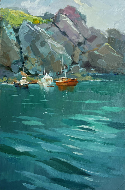 Oil painting The sea washes the mountains by Yuriy Suprunchuk serene harbor scene
