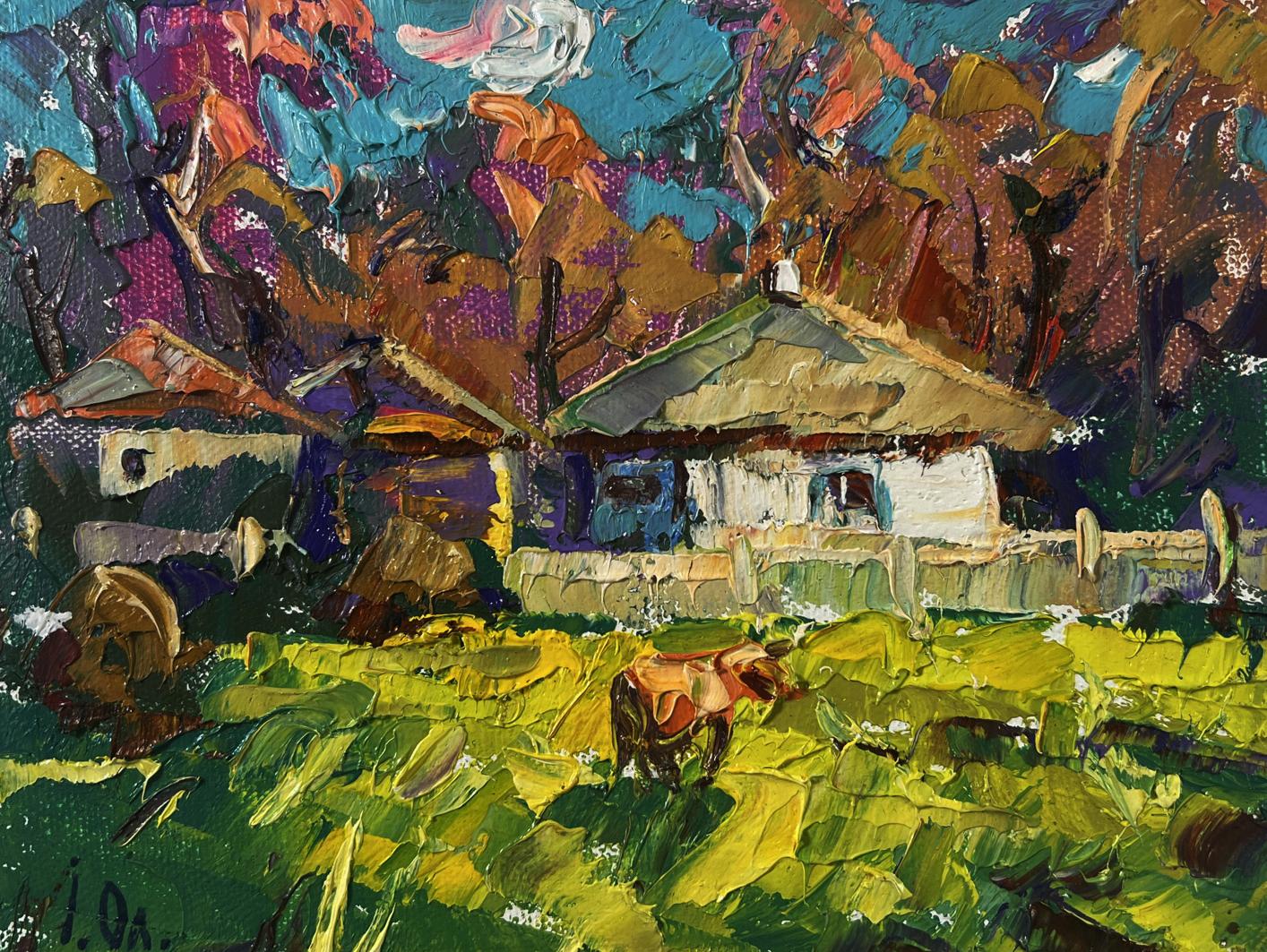 Vibrant First Morning of Spring oil painting by Oleksiy Ivanyuk of rustic white thatched house