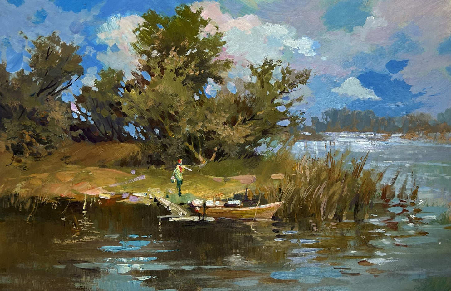 Oil painting of wooden rowboat on river by Yuriy Suprunchuk