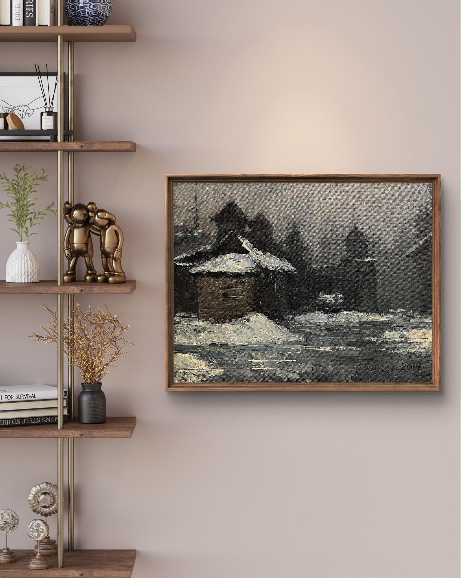 Oil painting Swedish grave by Volodymyr Pashchenko in wood frame