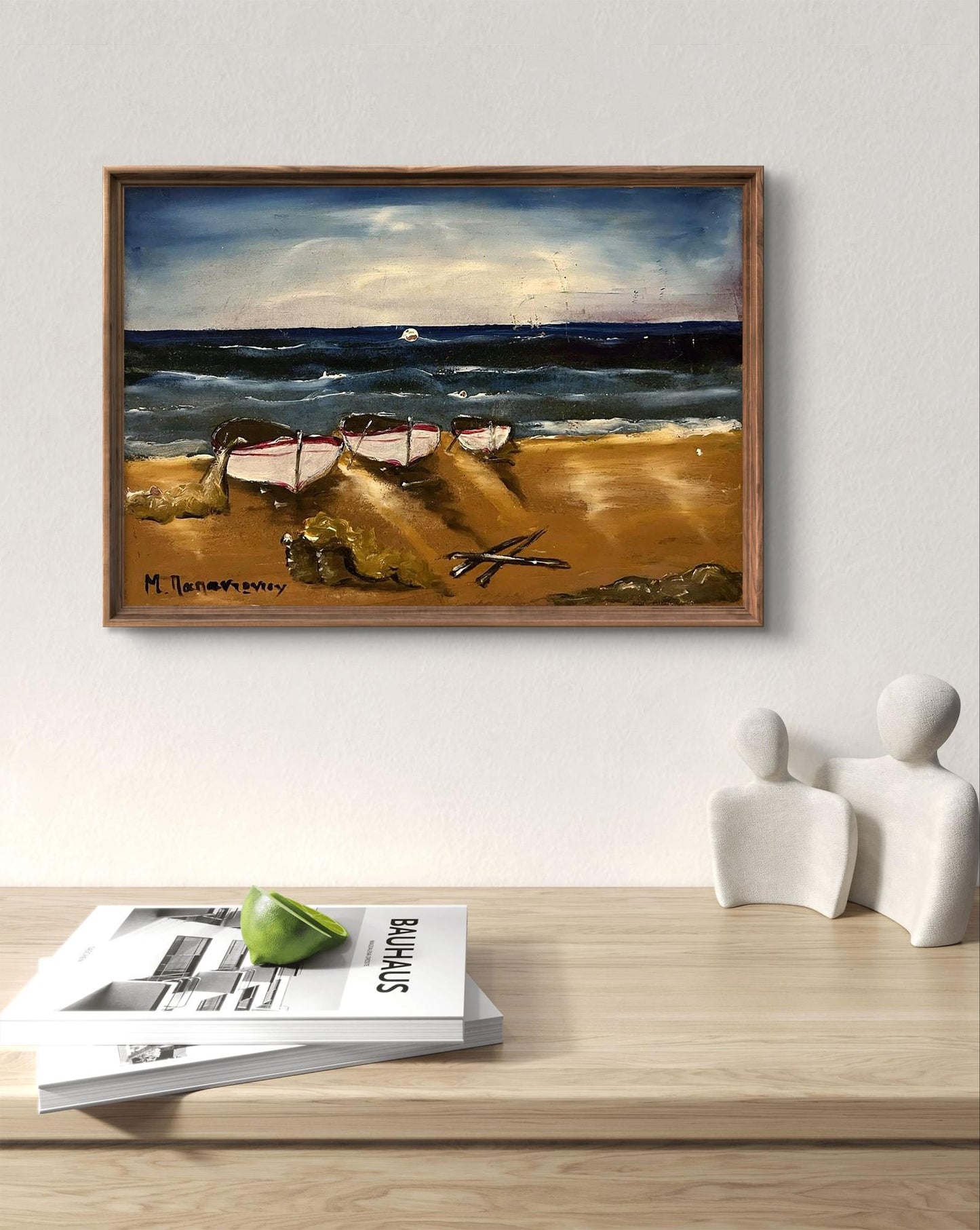Oil painting of boats on shore by unknown artist in wooden frame