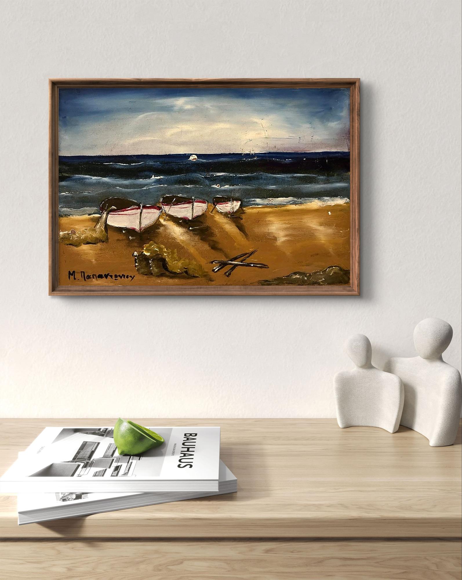 Oil painting of boats on shore by unknown artist in wooden frame