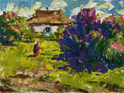 Oil painting Spring breathes memories by Oleksiy Ivanyuk: rustic thatched house in foliage