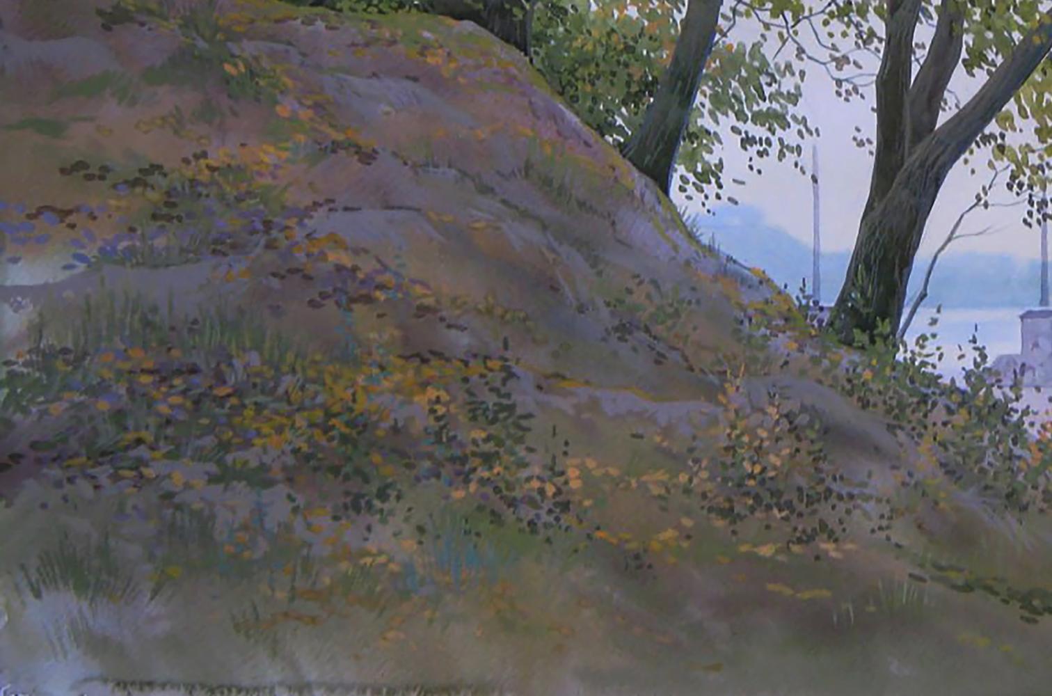 Watercolor painting of autumn morning mossy hillside with wildflowers by Valery Savenets