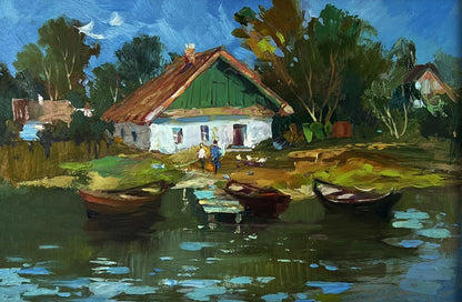 Oil painting by Yuriy Suprunchuk: rustic white house with green front, thatched roof, trees, boats