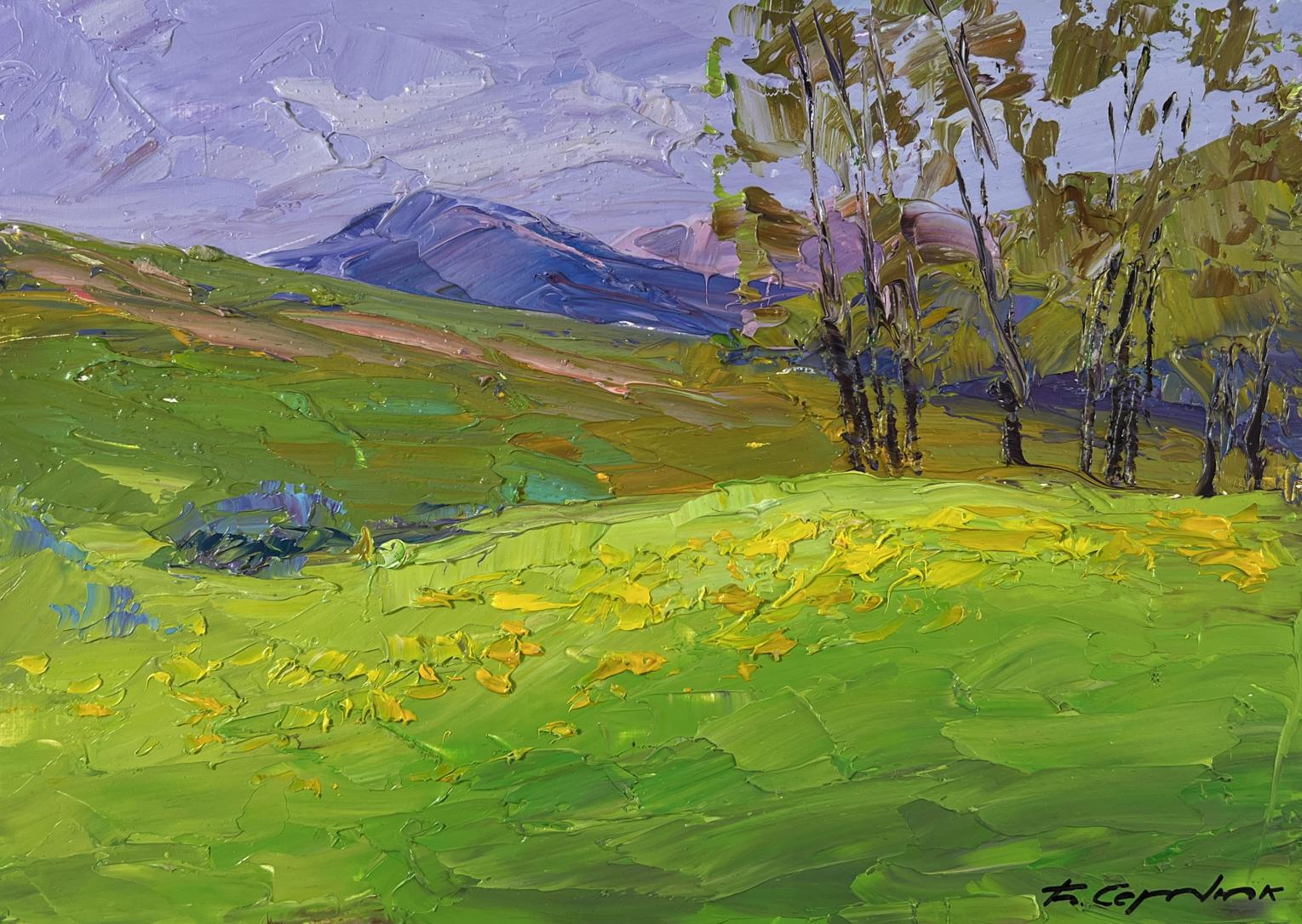 Vibrant Boris Serdyuk oil painting of green fields, yellow flowers, purple mountains