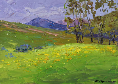 Vibrant Boris Serdyuk oil painting of green fields, yellow flowers, purple mountains