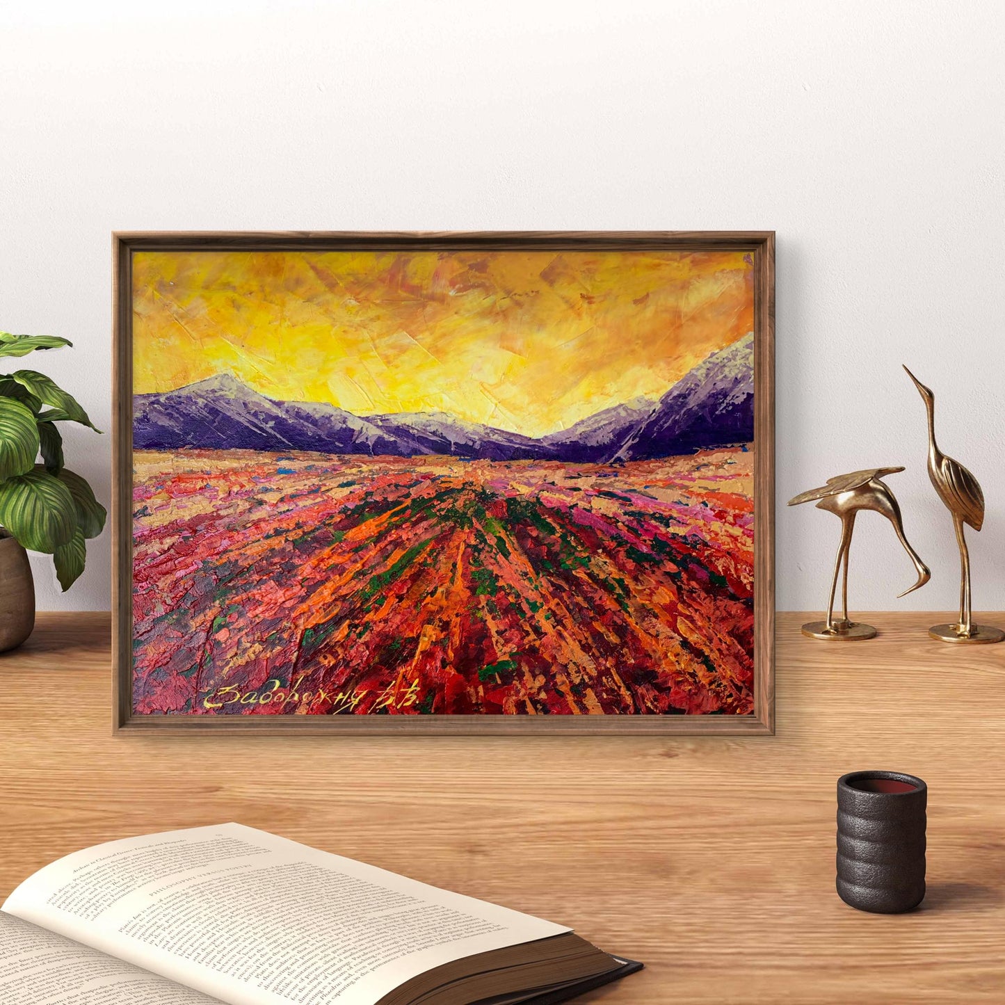 Oil painting of mountain sunset by V. Zadorozhnya in wooden frame