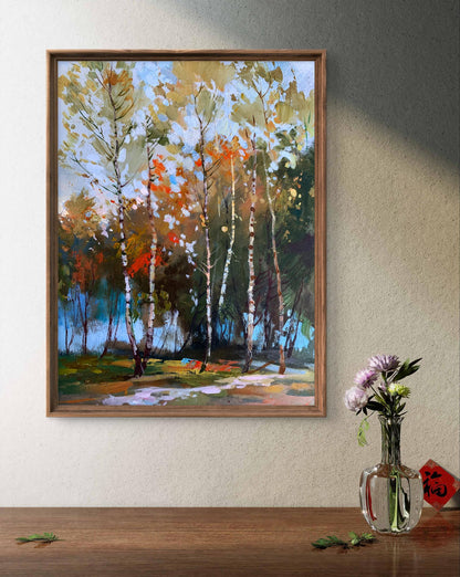 Oil painting of birch autumn forest by Yuriy Suprunchuk in wooden frame