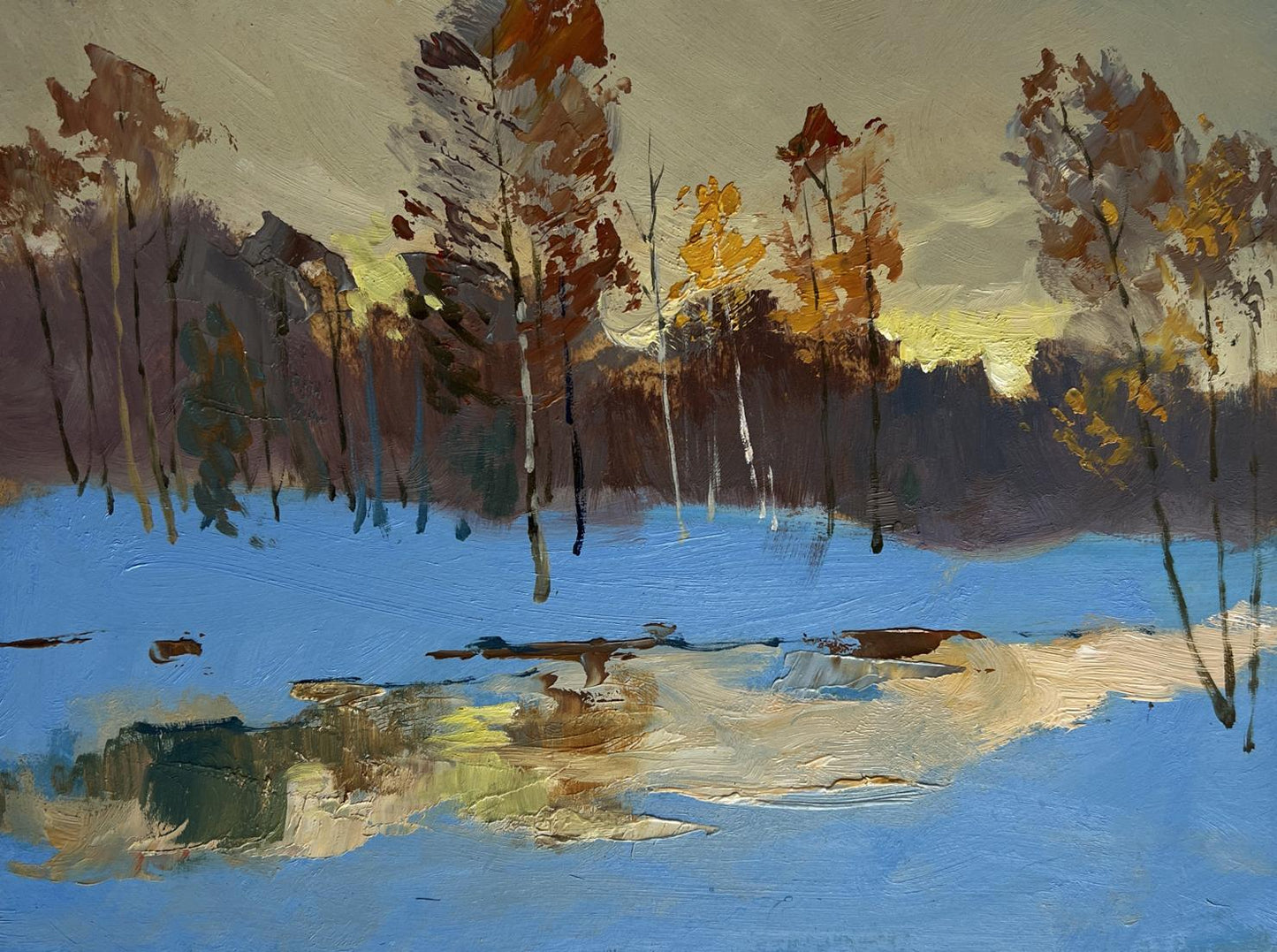 Oil painting by Yuriy Suprunchuk: autumn trees reflecting in blue water