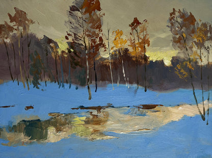 Oil painting by Yuriy Suprunchuk: autumn trees reflecting in blue water